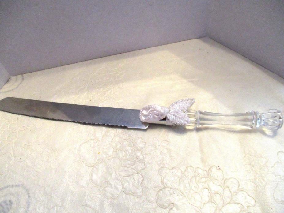 Stainless Steel Wedding Cake Cutter Acrylic Clear Handle Beaded Satin Ribbon