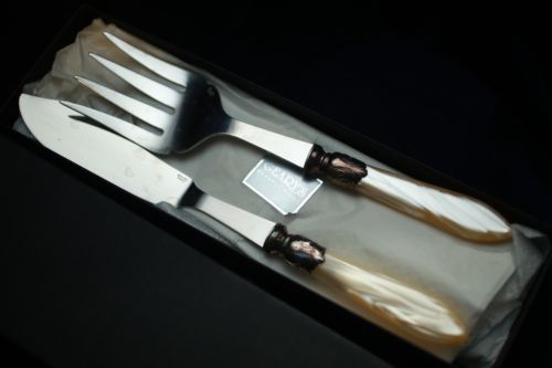 RARE Vtg Geary’s Of Beverly Hills MOP Inox France Wedding Cake Knife Fork Set