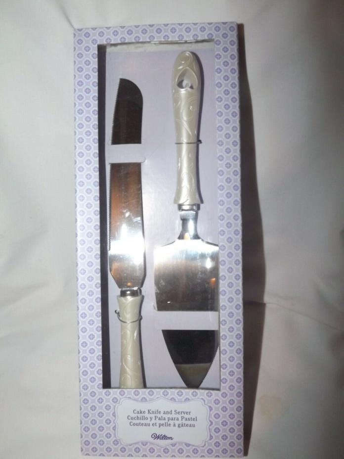 Wilton Heart Cake Knife and Server Set Stainless Steel Blades Off White Handles