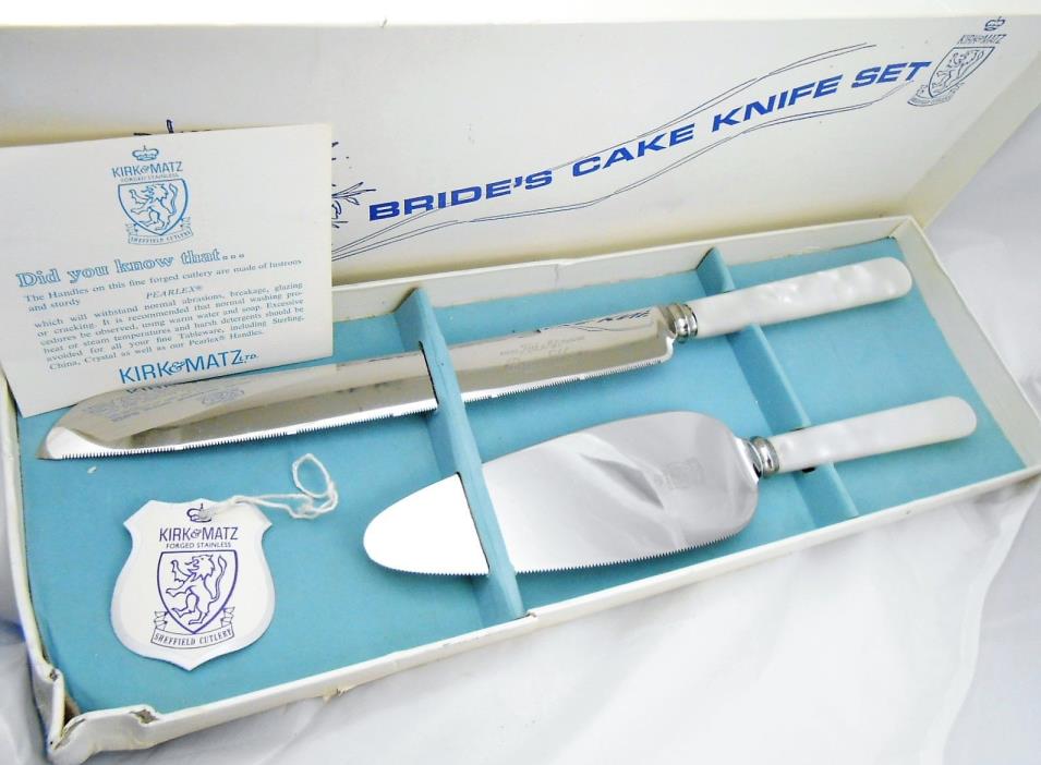 Vintage Kirk & Matz Sheffield England BRIDE'S CAKE KNIFE SET Mint in Box