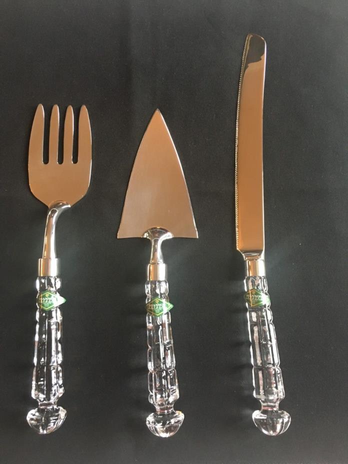 3-Piece Silver Plate and Shannon Crystal Cake Serving Set Knife Fork Server New