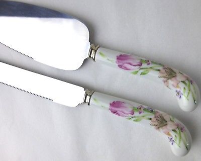Porcelain handle cake knife & server pastel tulip pattern Sheffield Stainless
