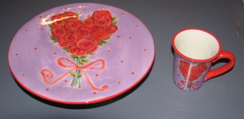 Certified International Tim Coffey Valentine Heart of Roses Cake Stand & Mug set