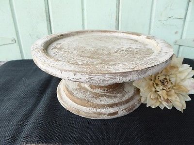 Farmhouse Pedestal Wood CAKE STAND PLATE Rustic Chippy Off White Wedding Decor