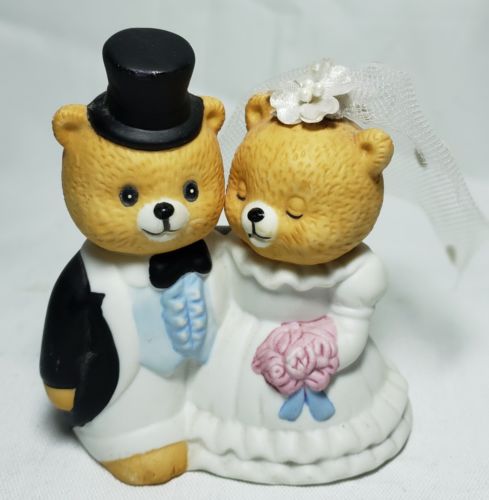 Wedding Cake Topper Teddy Bears Bride & Groom Russ Porcelain Figurines lace veil