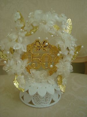 CHARMING 50TH ANNIVERSARY WEDDING CAKE TOPPER WITH GOLD LEAVES
