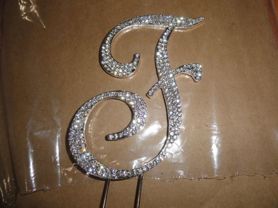 Crystal Rhinestone Covered Silver Monogram Wedding Cake Topper Letter Initial F