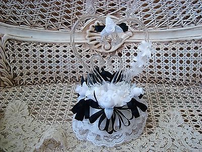 STUNNING BLACK & WHITE WEDDING CAKE TOPPER WITH GLASS HEARTS & SWANS