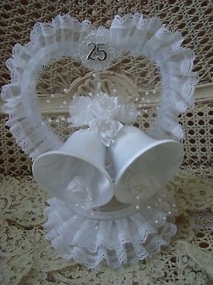 BEAUTIFUL 25TH ANNIVERSARY CAKE TOPPER WITH LARGE BELLS, HEART & LACE ***NEW***