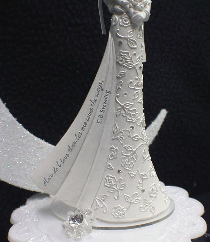 bride and groom wedding cake toppers with E.B Browning verse