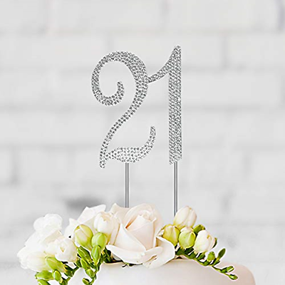 21 Birthday Cake Topper - Silver Metal with Crystal Rhinestones - 21st Birthday