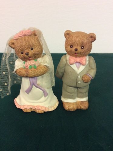 Vintage Russ Berrie Porcelain Bride and Groom Teddy Bear Figurine Cake Topper