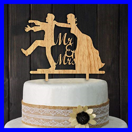 Mr & Mrs Wedding Cake Toppers Funny Bride Groom Wood Aniversary P BROWN 5.5X 5.5