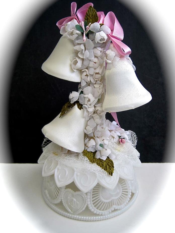 Vintage Wedding Cake Topper White Satin Bells Flowers Pink Ribbon