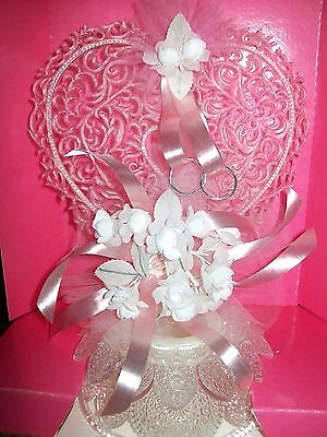 NIB VINTAGE WILTON WEDDING CAKE TOPPER PINK RIBBONS SILVER RINGS