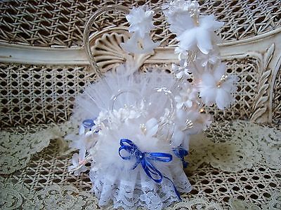 PRETTY ROYAL BLUE & WHITE WEDDING CAKE TOPPER GLASS HEART & SWANS **LIGHTS UP**