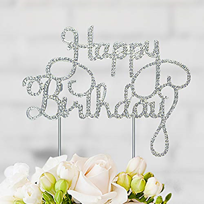 Happy Birthday Cake Topper - Silver Metal with Crystal Rhinestones - Birthday -