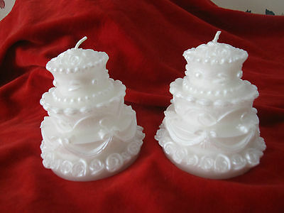 TWO SMALL Pearl WHITE WEDDING CAKE SHAPED CANDLE 3 1/2