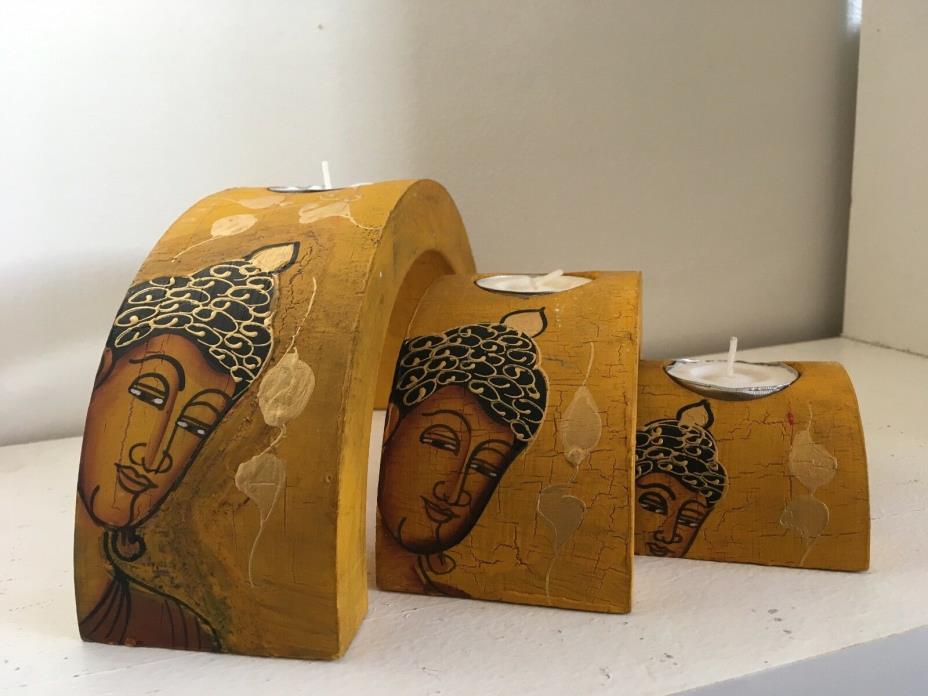 3 piece wood candle set- Hand painted with Yellow background- Half shape