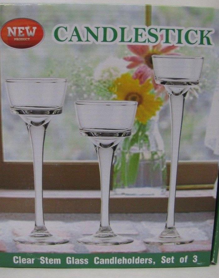 Candle Holders Clear Stem Glass Set Of 3  Sizes  6