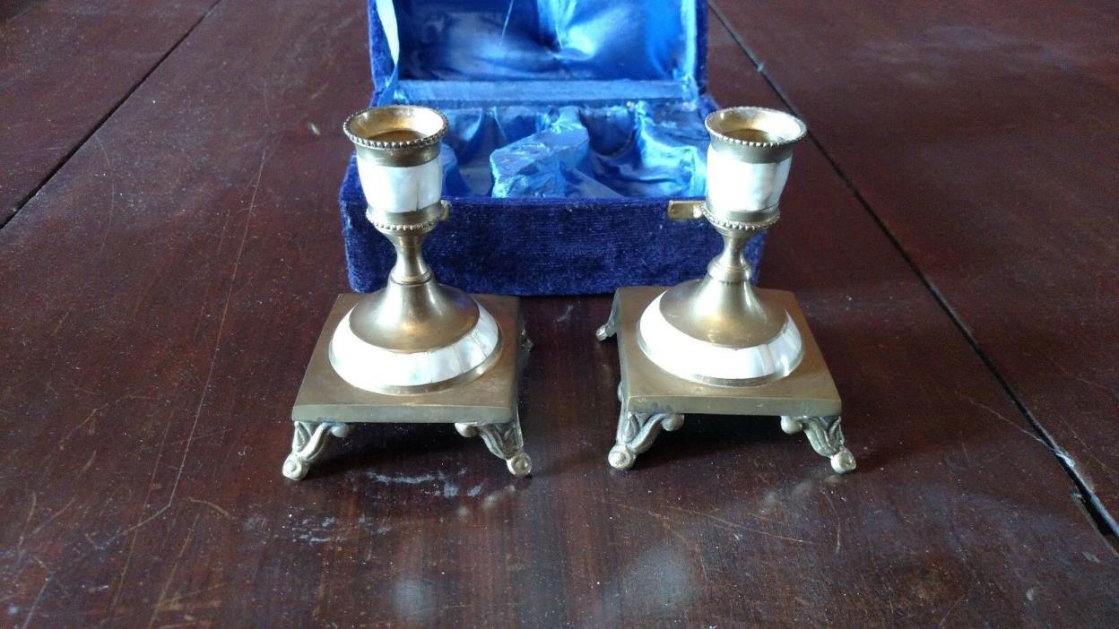 Mother of Pearl Brass Candlesticks Set of 2 in custom case vintage candle stick