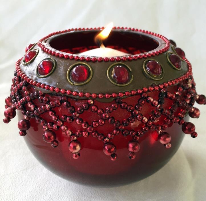 Red Tea Light Holder Cup Beaded Glass Candle Holder Votive Hand Made