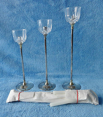 VINTAGE WEDDING CANDLE HOLDERS WITH CANDLES ~BRASS WITH GLASS USED IN THE 1950's