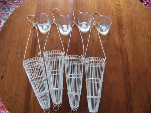 4 Vintage Shabby Chic White Metal Wire & Glass Votive Hanging Decor,Wedding