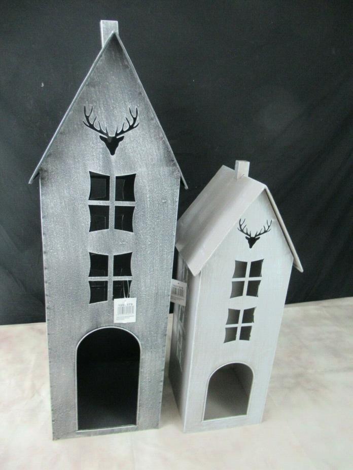 Americana Tall Town House Candle Lantern Set Of 2 Vintage Weathered (Open Box)