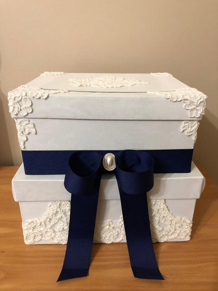 Handmade Elegant Custom Wedding Gift Card Box - - Navy Blue & White