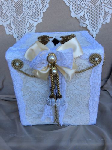 Handmade Fabric Covered Wedding Card Box Gold White & Ivory Fancy