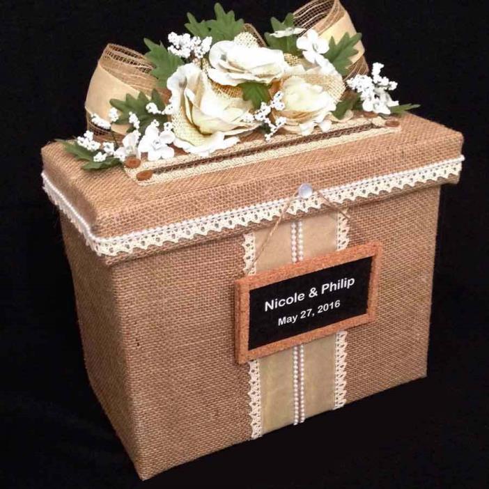 Burlap Wedding Card Box,White Roses,Holds 80 cards,All The Best Card Boxes,beige