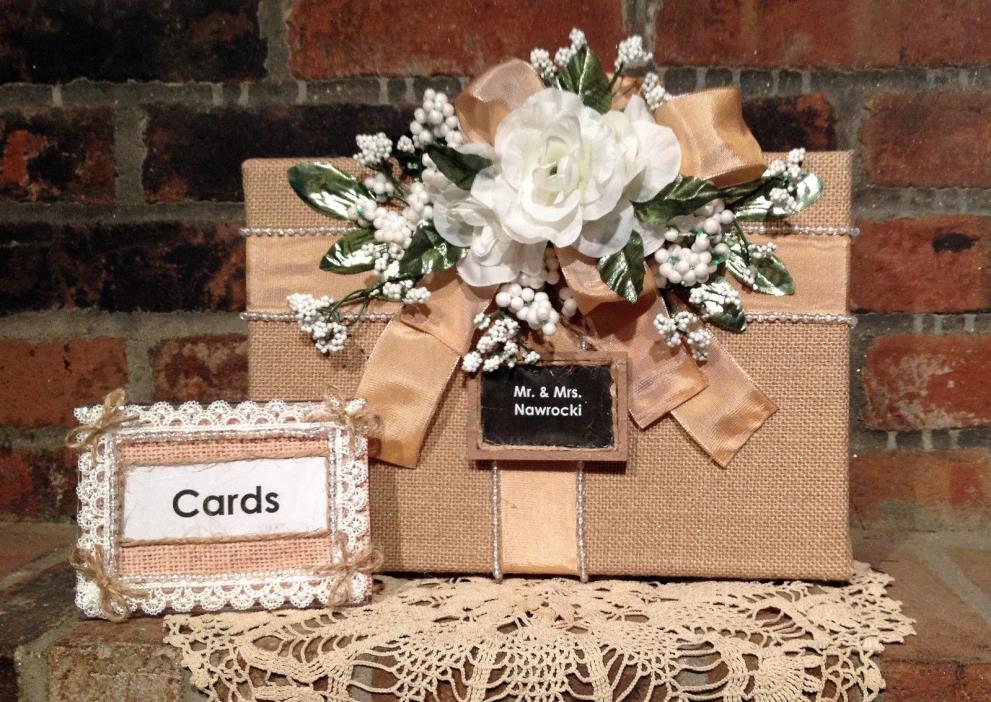 rustic wedding card box,beige,burlap,personalize,flower color can vary,white