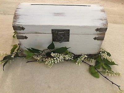 WEDDING CARD HOLDER CHEST WHITE DISTRESSED WITH WHITE FLORAL DECORATIONS