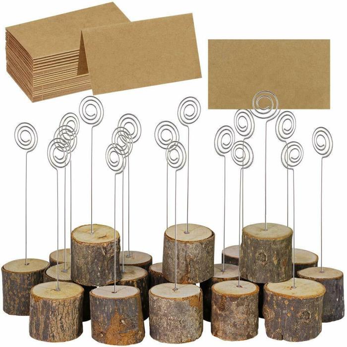 20 Pcs Rustic Wood Place Card Holders with Swirl Wire Wooden Bark