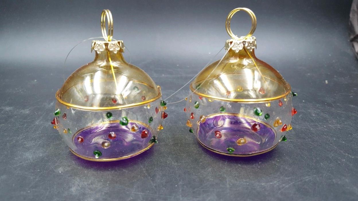 2004 Enesco Beaded & Bejewelled Christmas Ball Ornament Place Card Holder 2 pc