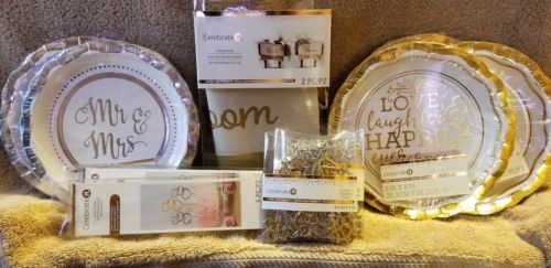 Celebrate it- wedding decoration set -chair signs, confetti, 8in plates