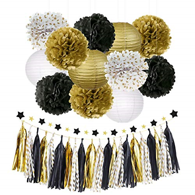 NICROLANDEE 28pcs Black Gold Party Decorations Tissue Paper Pom Poms Flowers