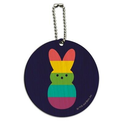 Rainbow Striped Bunny Peep Round Wood Luggage Card Suitcase Carry-On ID Tag