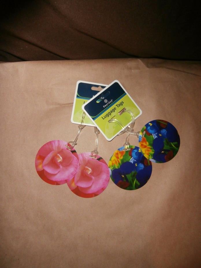 Nwt-4Pc Protege Luggage Tags.Round Floral Luggage Tags.Blue Pink Flower Id Tags