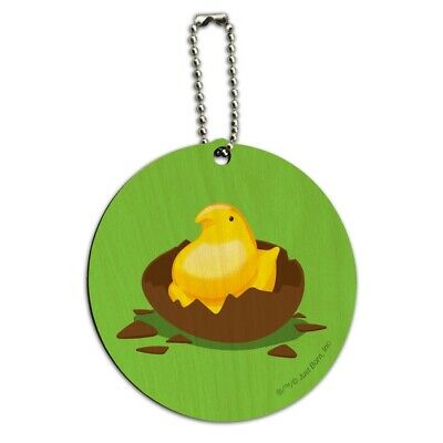 Peeps Hatching Out Of Chocolate Easter Egg  Round Wood Luggage ID Tag