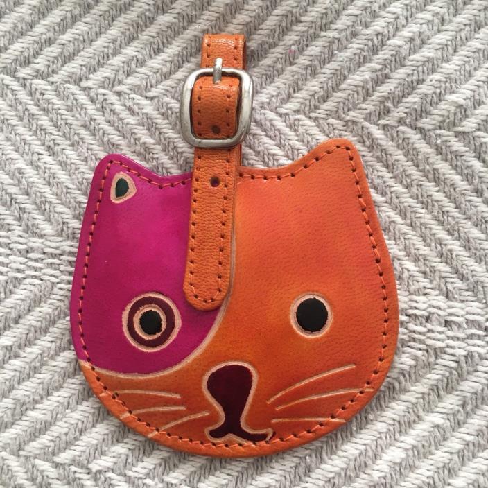 Orange & Pink Leather/Faux Leather Style Cat Luggage Tag EUC