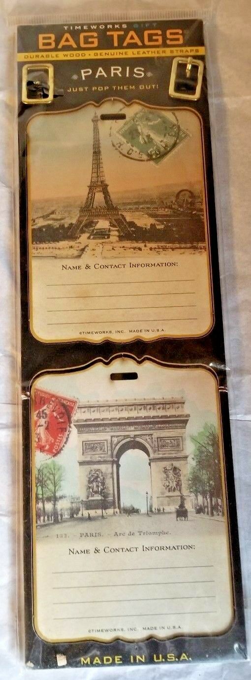 SET OF 2 PARIS LUGGAGE BAG TAGS SUITCASE TRAVEL Wood with Leather Straps