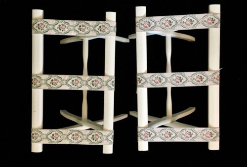 PaIr Vntg SCHEIBE White Wood Luggage Stand Suitcase Rack Tapestry Straps Folding