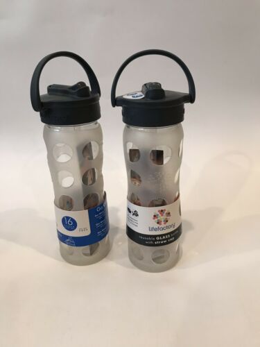 Lifefactory Glass Bottle 16oz w/ Straw Cap, Clear, LOT OF 2 BOTTLES