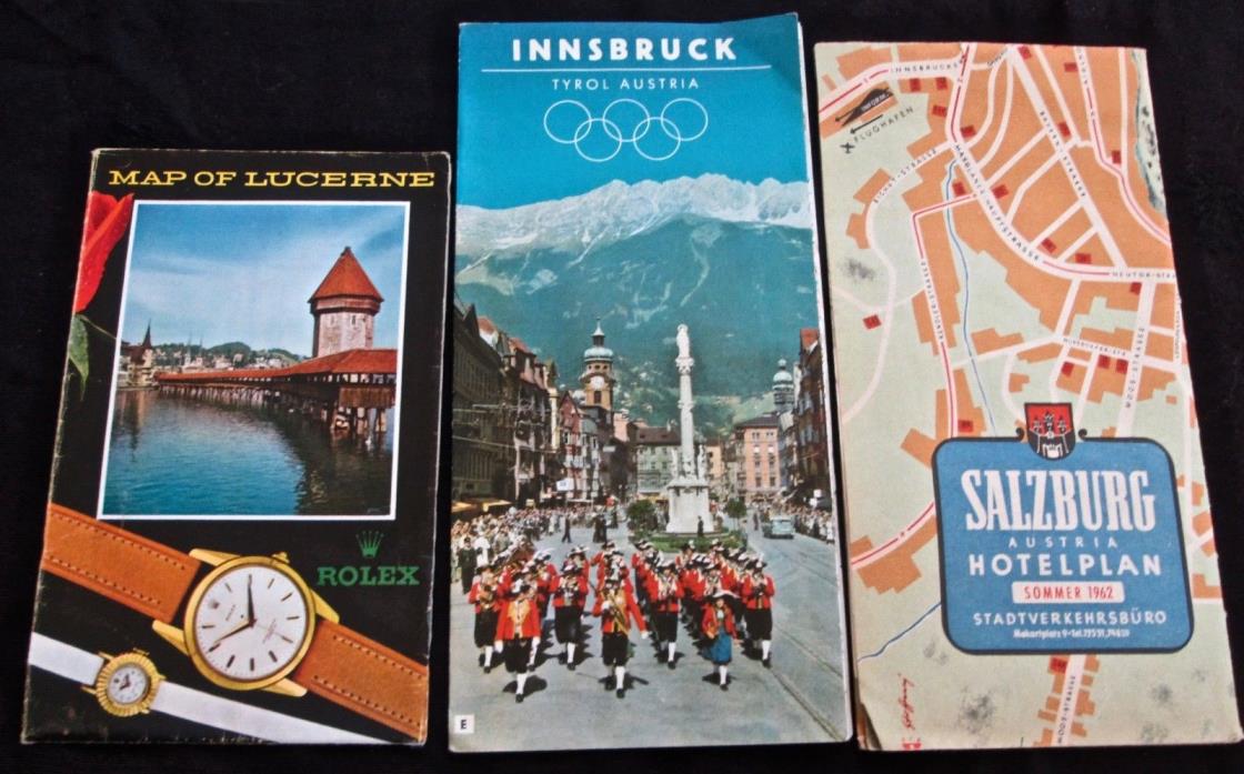 1960s travel maps: 2 Salzburg, Innsbruck, and Lucerne, w local ads+attractions