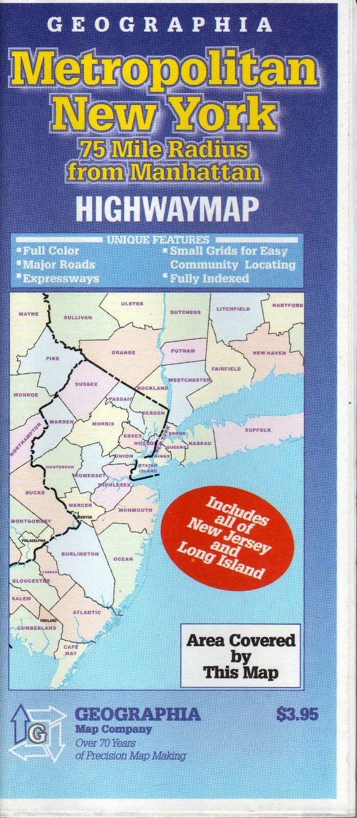 Geographia Metropolitan New York 75 Mile Radius Highway Map (2002) BRAND NEW