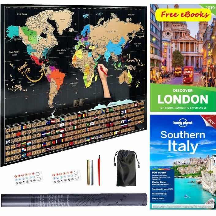 Scratch Off World Map+Free Travel Guide Books. 32.4inx23.4in Fun, Learn, & Decor