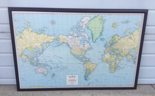 Large Rand McNally World Map Cosmopolitan Series Framed 34”x52”