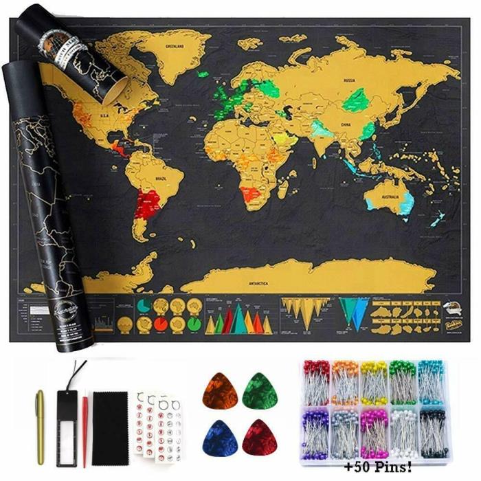 Scratch Off World Map Includes Scratching Tools & 50+ Multi-Colored Pins 32 x 23